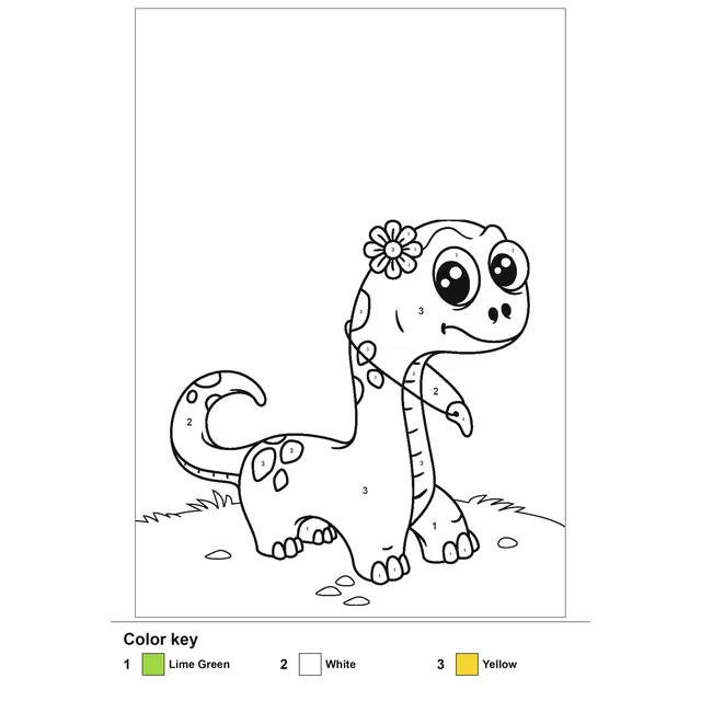 Color-by-number worksheet of a cartoon dinosaur with numbered regions and a color key legend