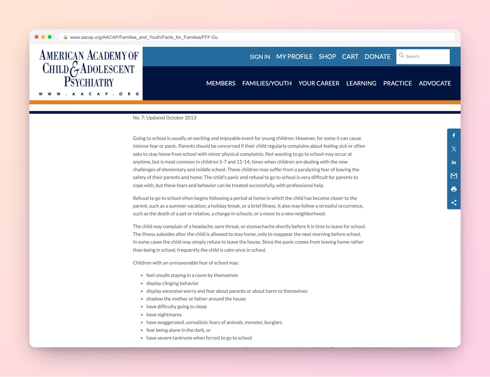 AACAP Facts for Families on separation anxiety and school refusal in children