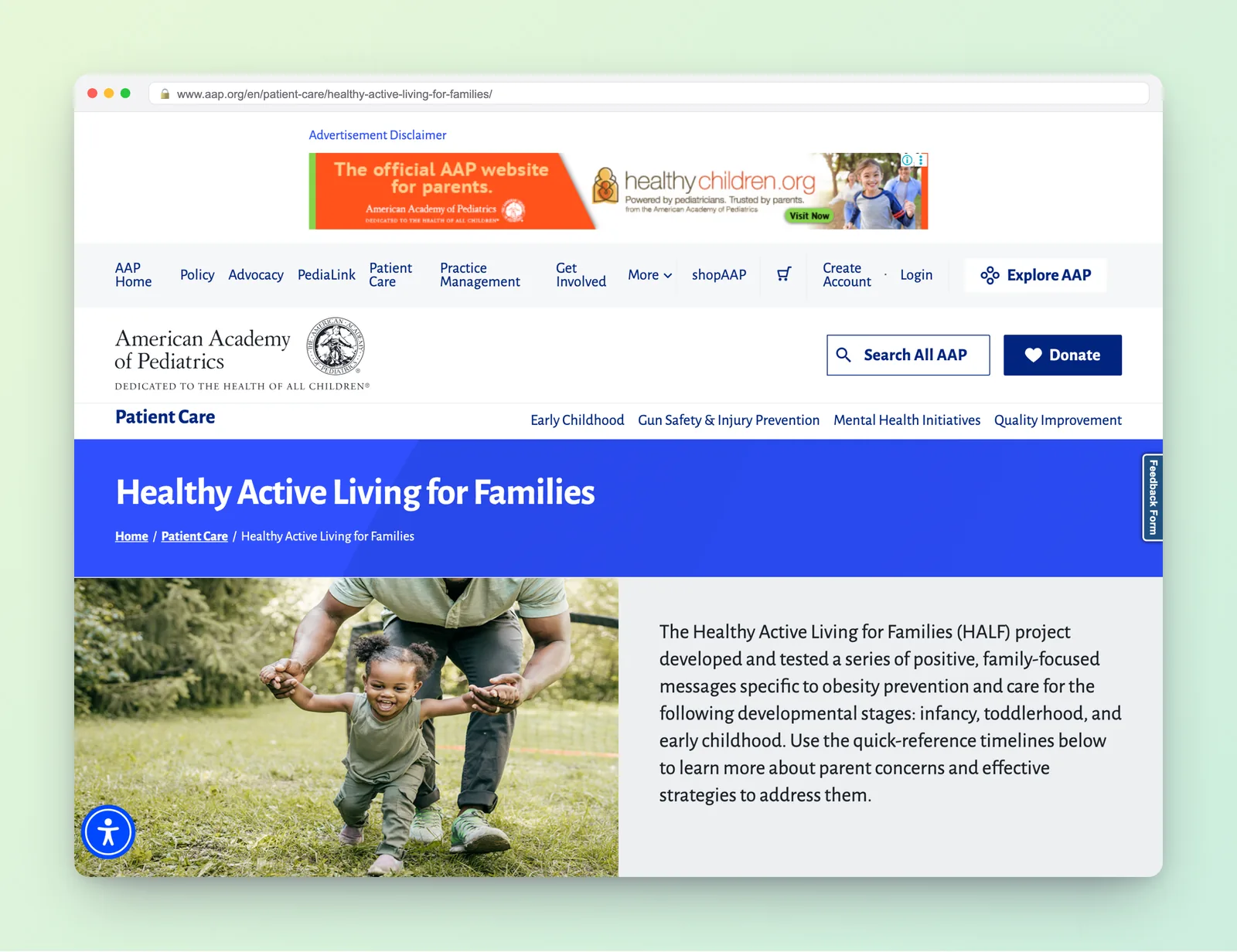 American Academy of Pediatrics resource on healthy active living for families