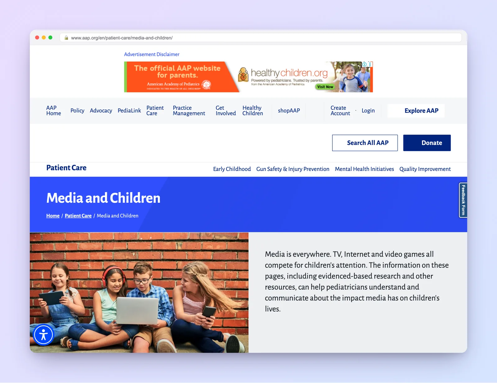 American Academy of Pediatrics resource hub on media and children