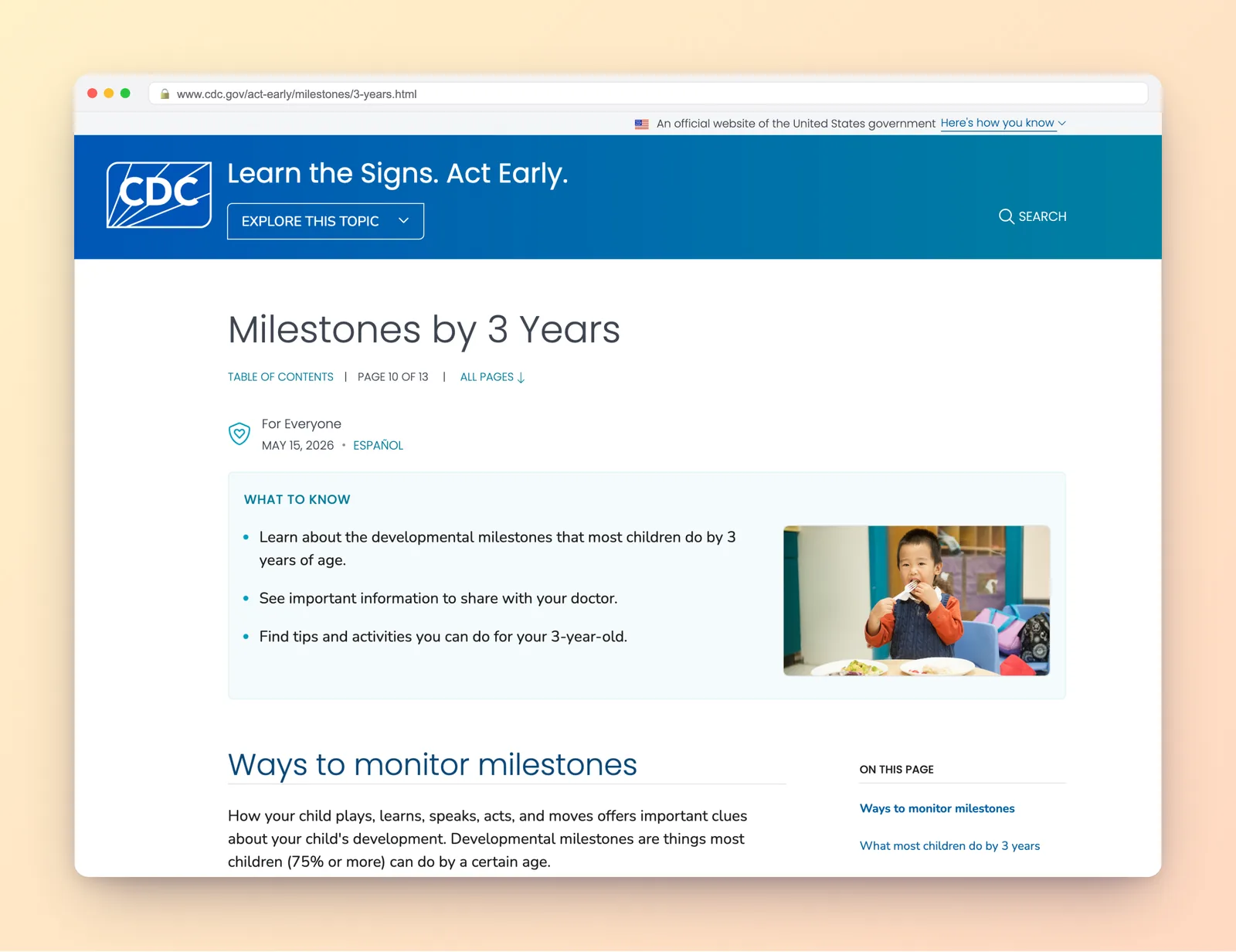 CDC 'Learn the Signs. Act Early.' chart of developmental milestones for 3-year-olds