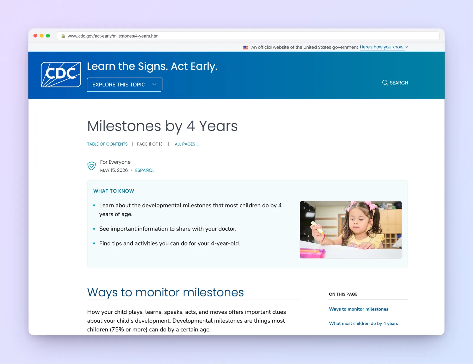 CDC 'Learn the Signs. Act Early.' chart of developmental milestones for 4-year-olds