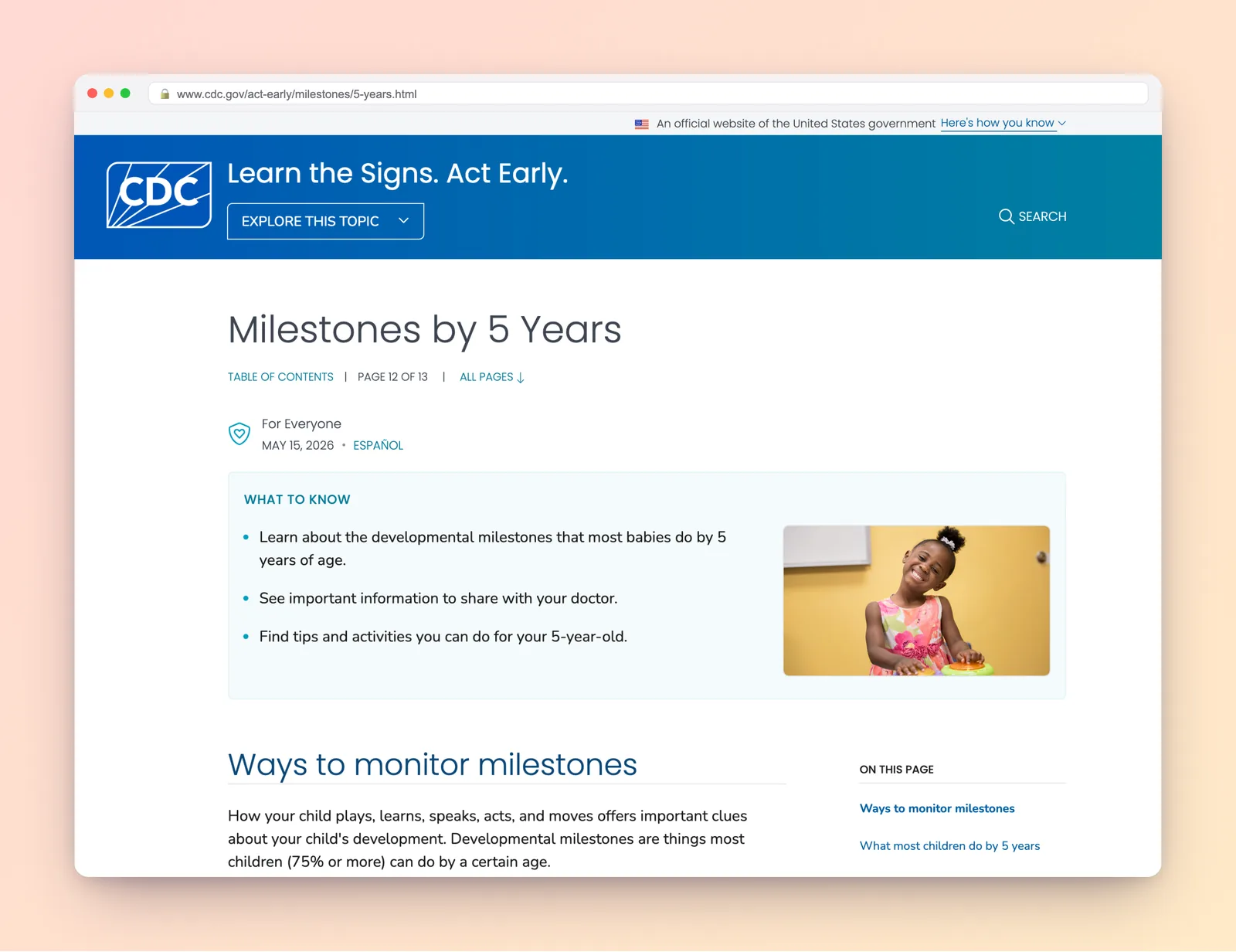 CDC 'Learn the Signs. Act Early.' chart of developmental milestones for 5-year-olds