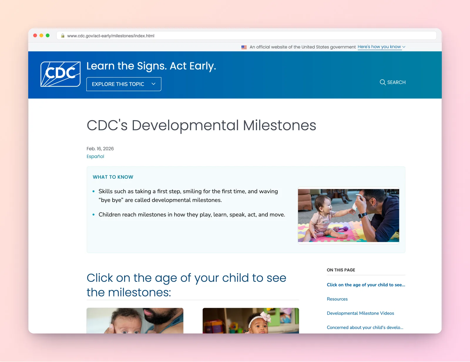 CDC 'Learn the Signs. Act Early.' developmental-milestones overview