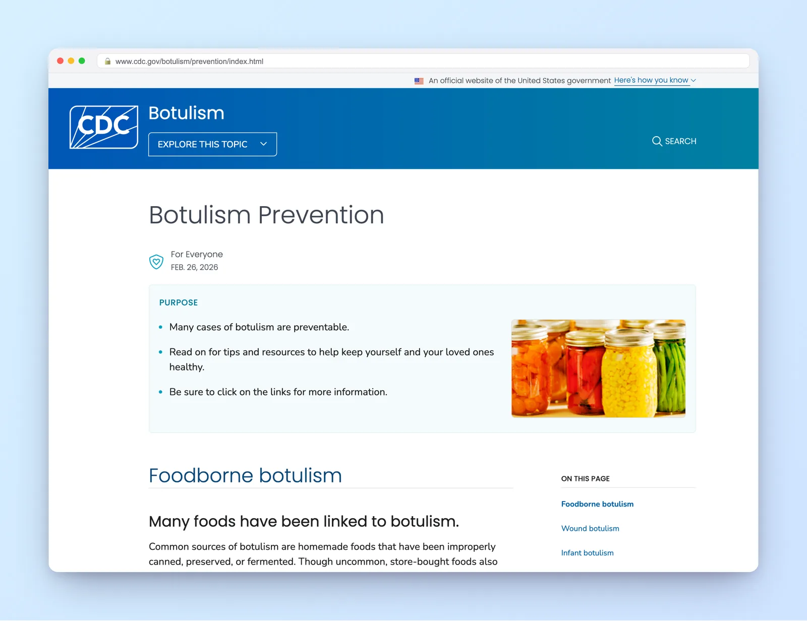 CDC page on botulism prevention, including the infant honey risk