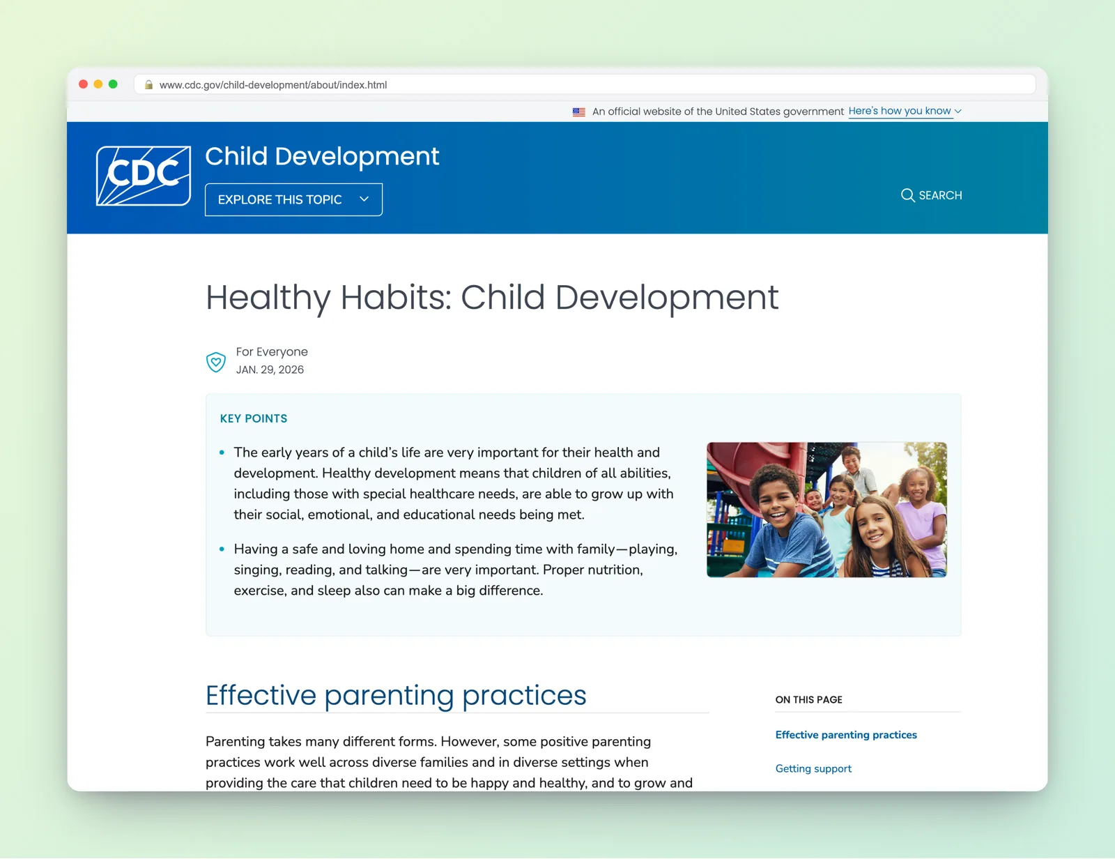 CDC overview of healthy habits for child development