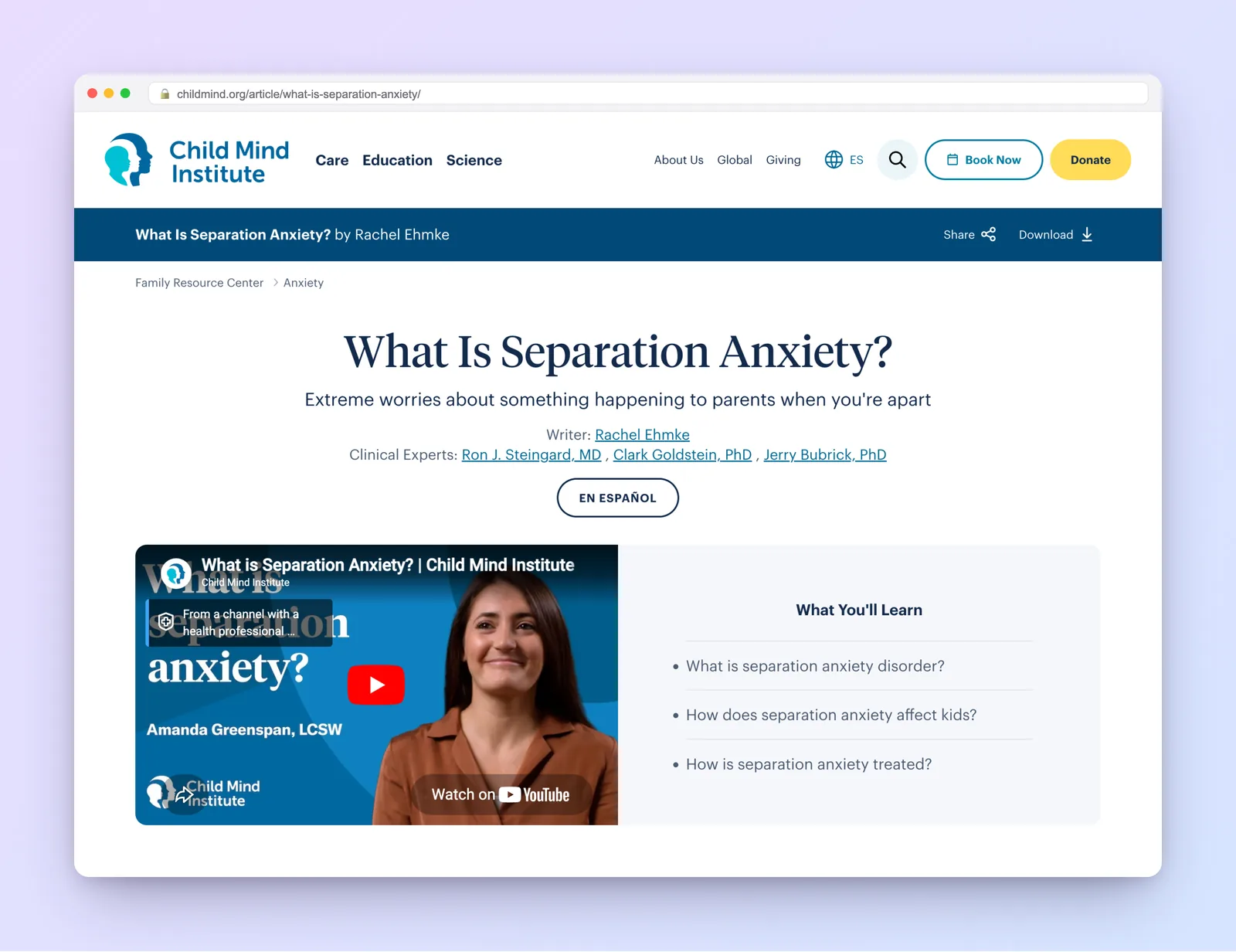 Child Mind Institute article explaining separation anxiety in children