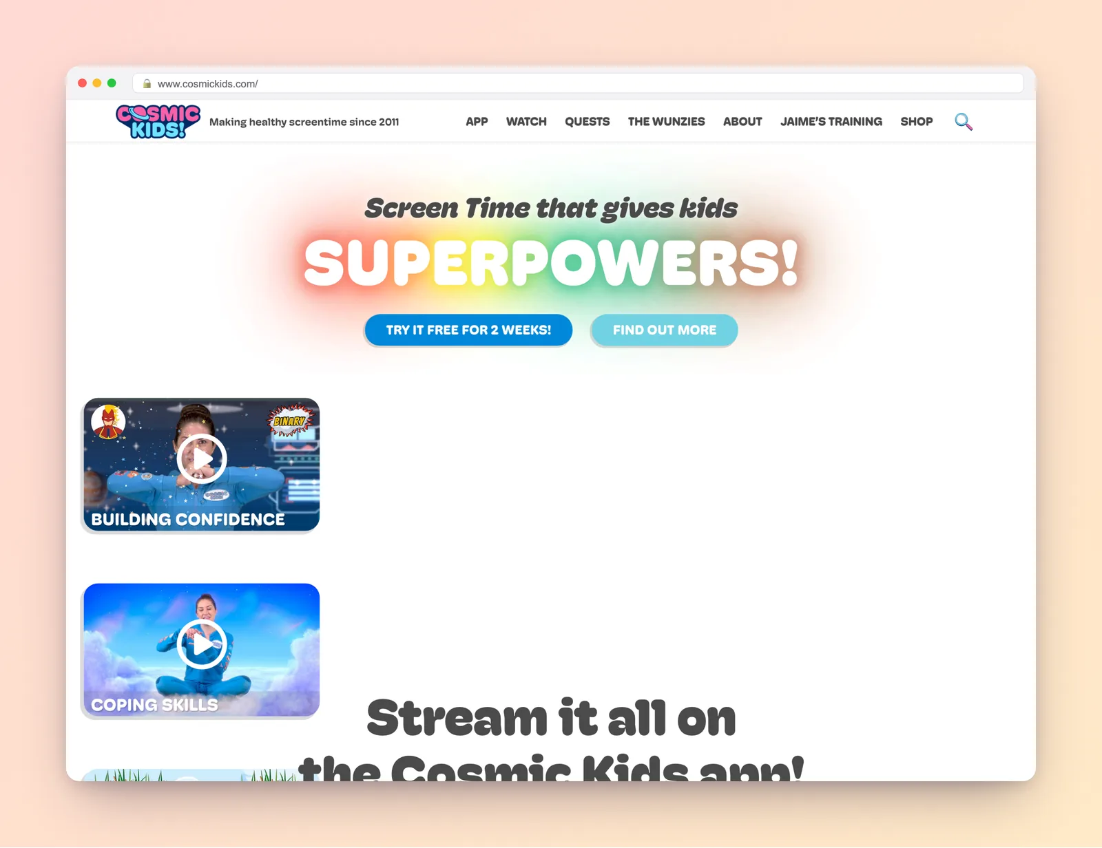 Cosmic Kids Yoga homepage of yoga and mindfulness videos for kids