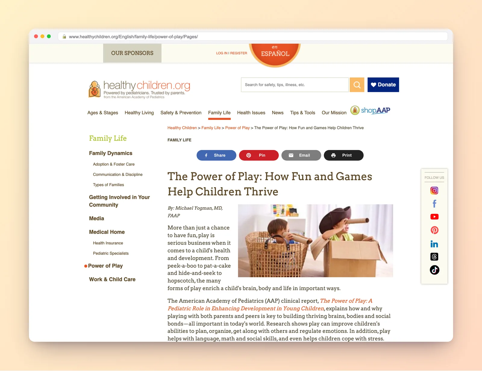 AAP HealthyChildren article on how play helps children thrive