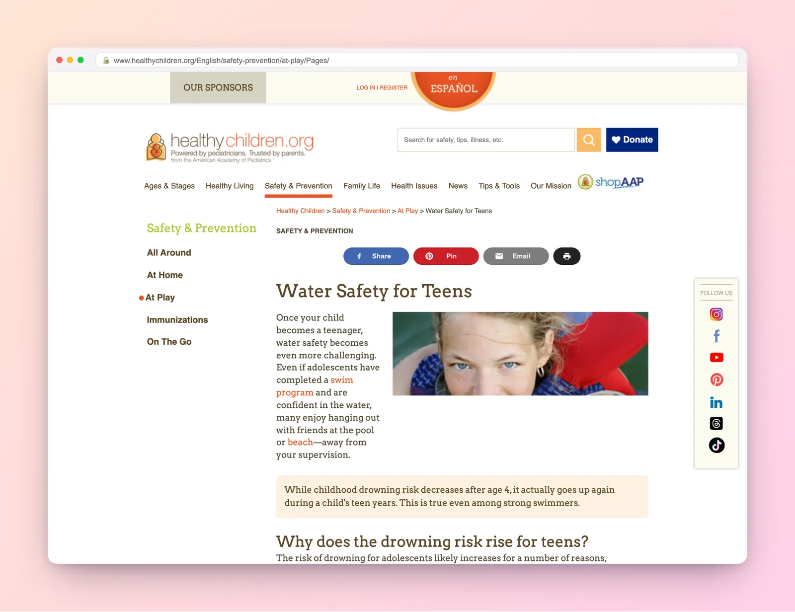 AAP HealthyChildren guidance on water safety and supervision for older children