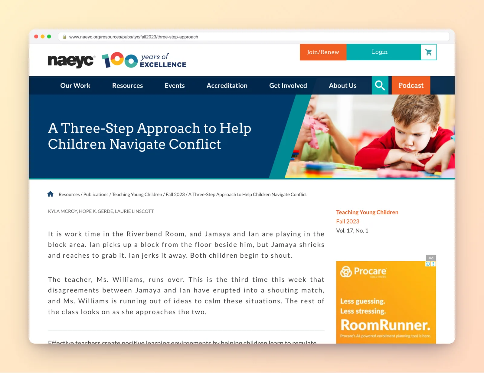 NAEYC article on a three-step approach to help children navigate conflict