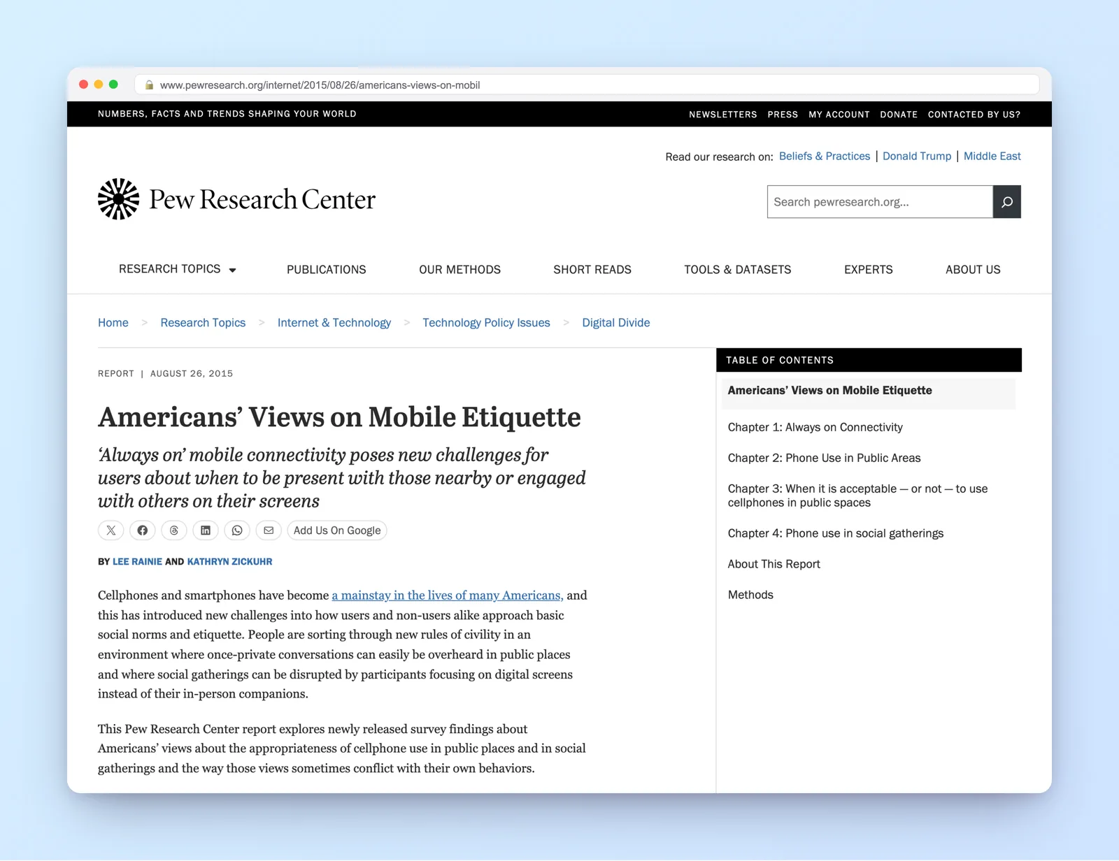 Pew Research Center report on Americans' views on mobile phone etiquette