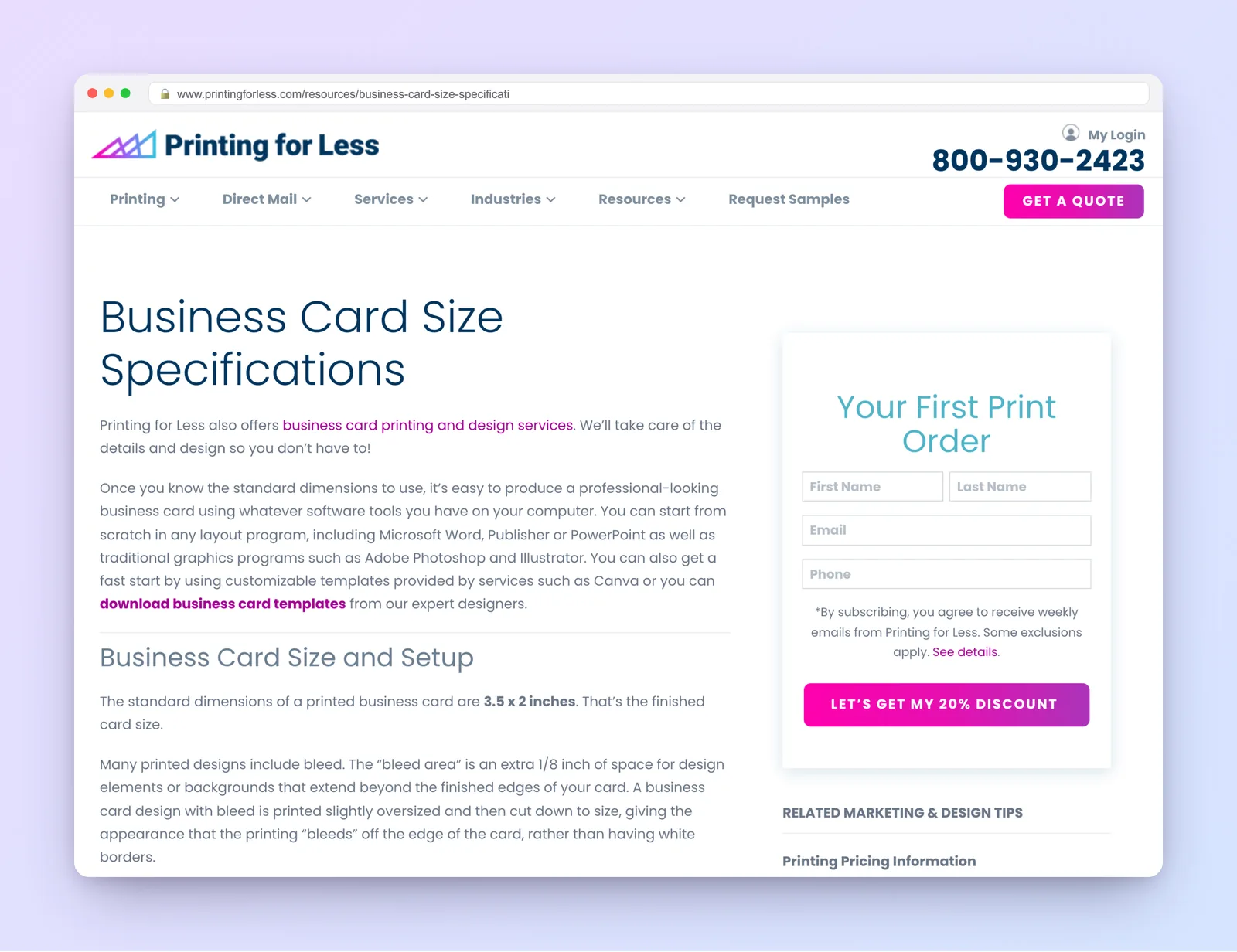 Printing for Less guide to standard business card dimensions, 3.5 by 2 inches