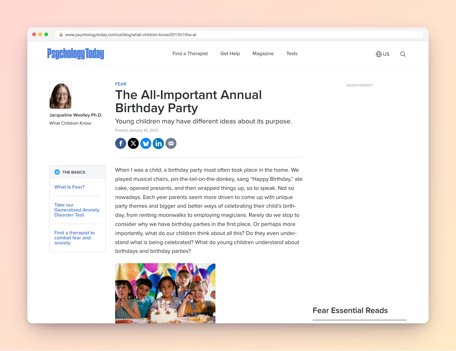 Psychology Today article on why annual birthday celebrations matter to children