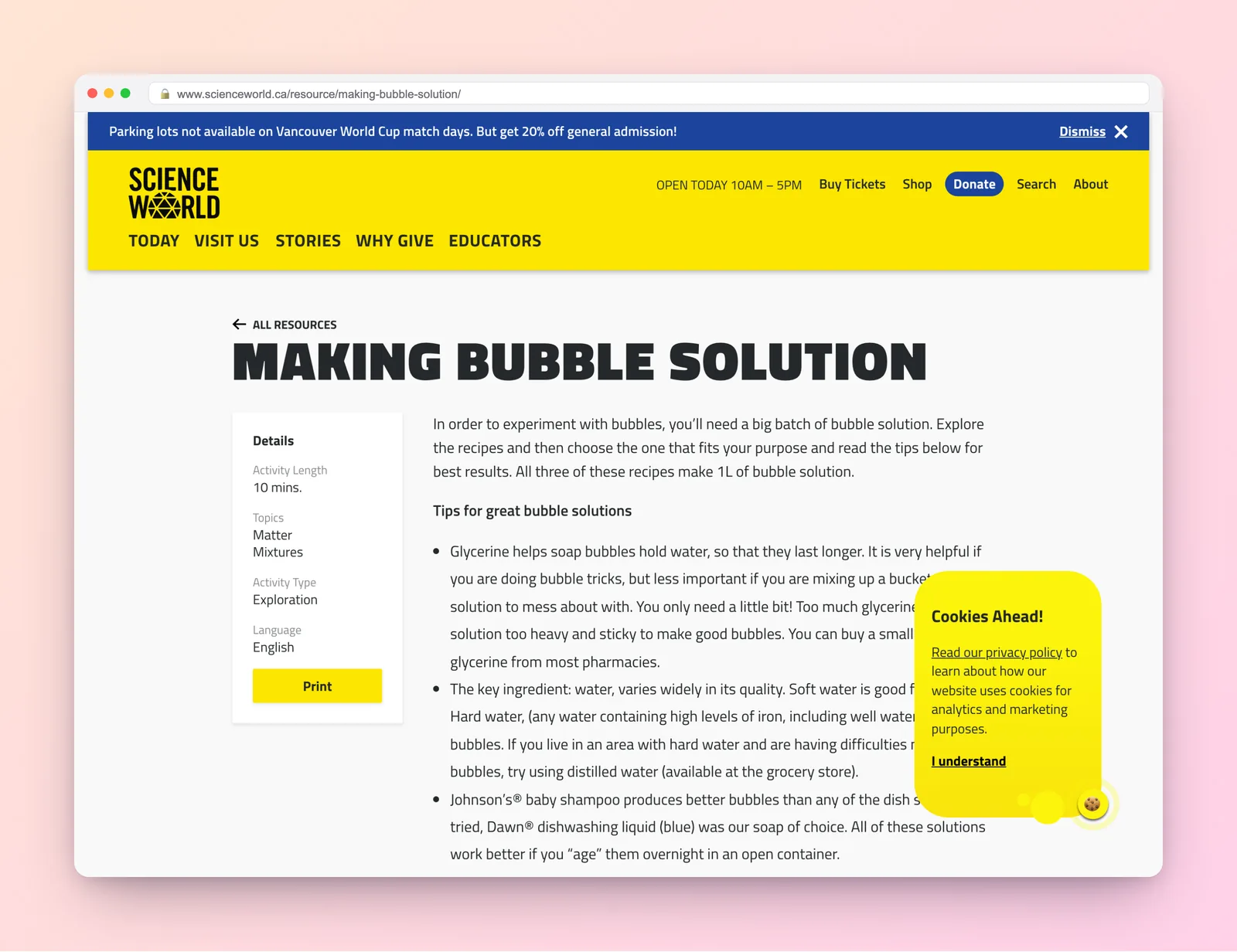 Science World guide with a homemade bubble-solution recipe