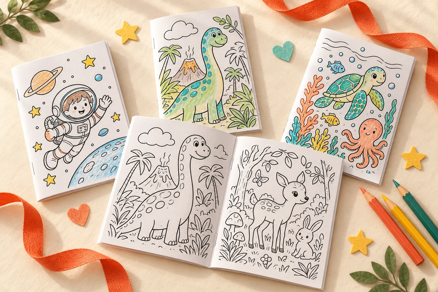 Illustrative print-at-home coloring booklets with black-outline pages and crayons