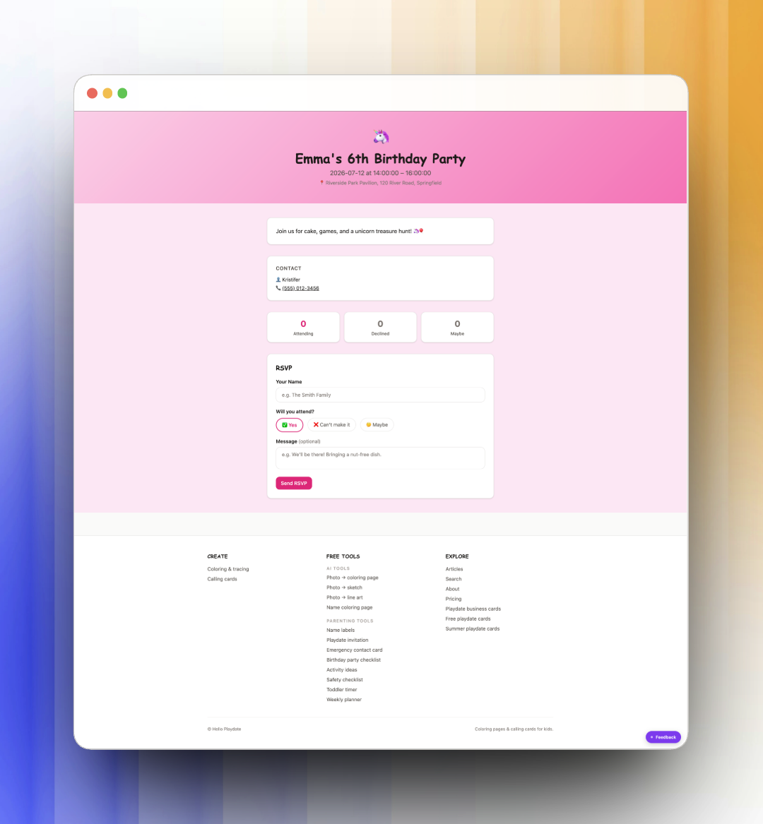 Example of a finished birthday party page with the title, date, location, and an RSVP button
