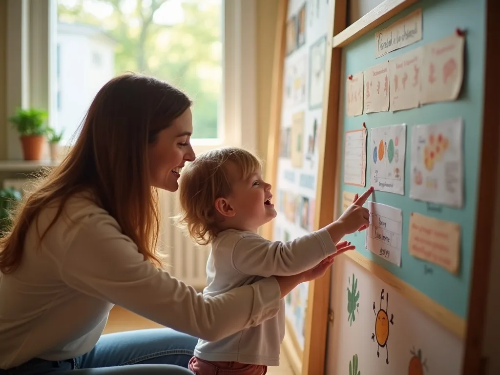 A parent and toddler together pointing at and looking at a colorful weekly schedule, both smiling