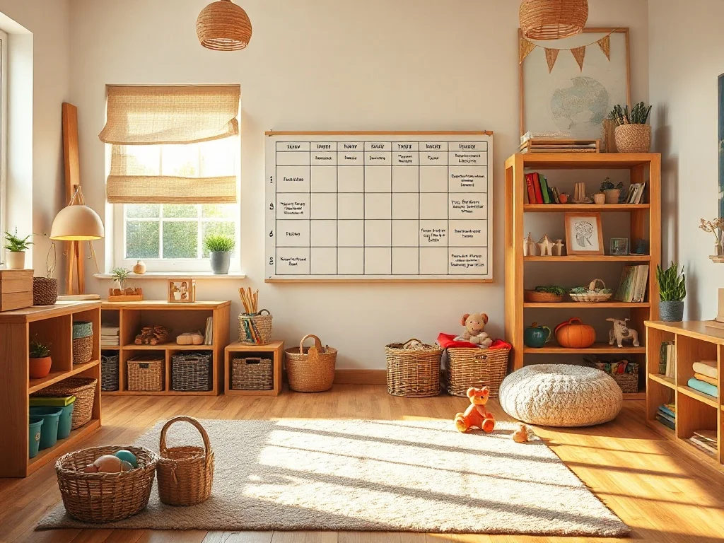 A cheerful children's weekly planner chart on the wall of a bright Montessori-style kids playroom