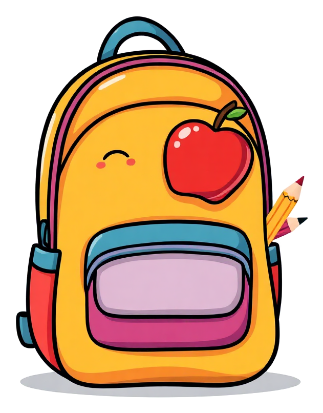 Back to school coloring page with thick black outlines — a school bus, a backpack, pencils and an apple ready for a kid to color in