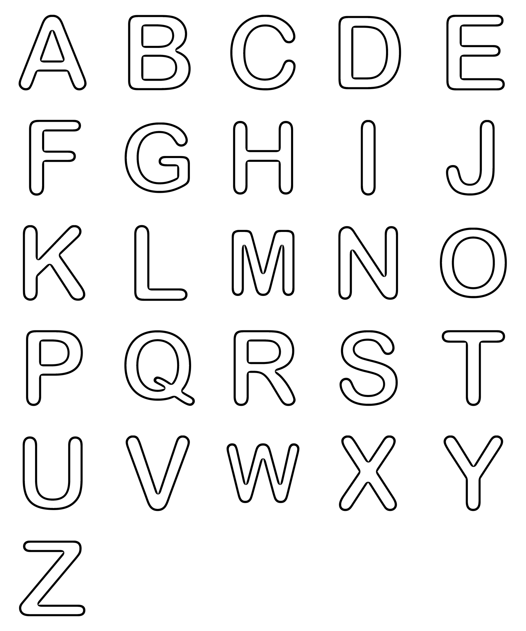 A free printable bubble-letter alphabet, the full A to Z in chunky rounded outlined letters ready to colour
