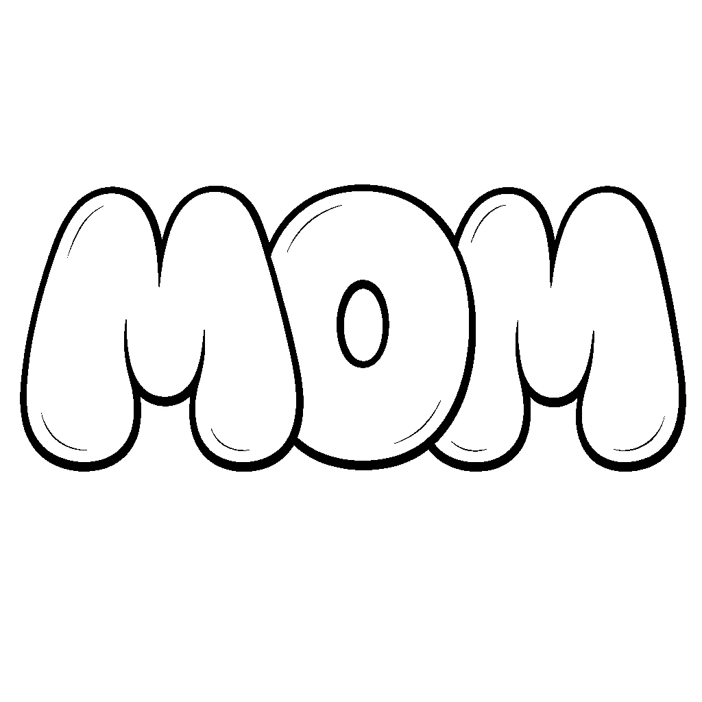 The word MOM in rounded bubble letters