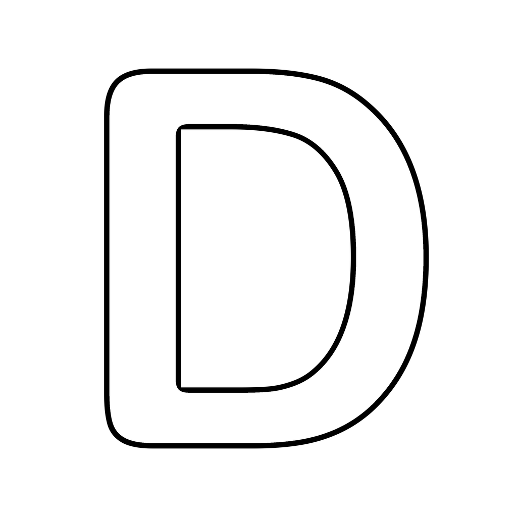 A big chunky bubble letter D with a bold rounded outline on white, ready to print and colour