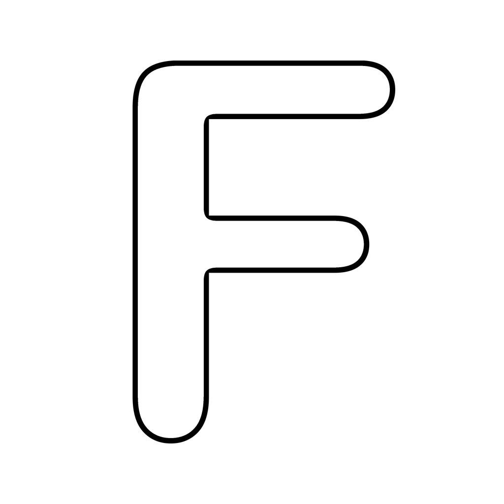 A big chunky bubble letter F with a bold rounded outline on white, ready to print and colour