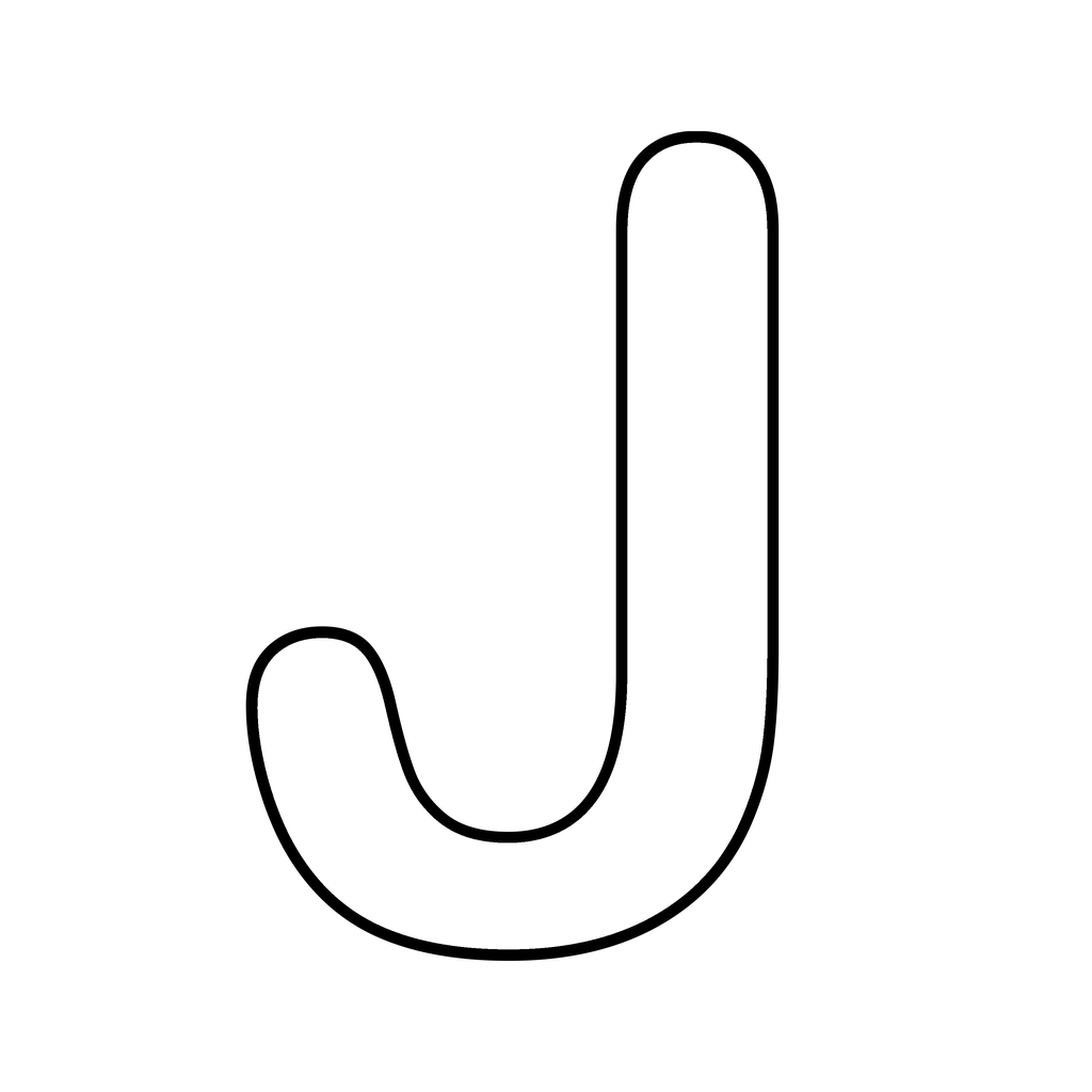 A big chunky bubble letter J with a bold rounded outline on white, ready to print and colour