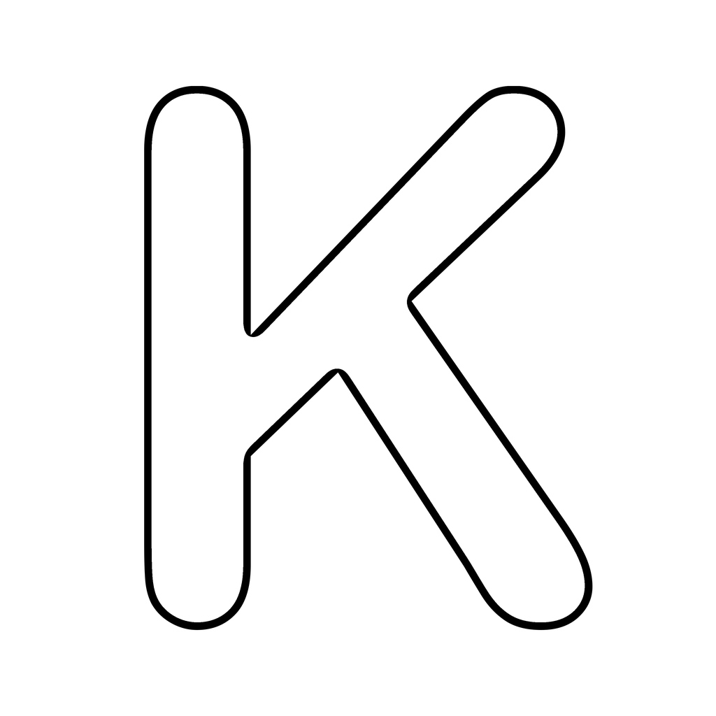 A big chunky bubble letter K with a bold rounded outline on white, ready to print and colour