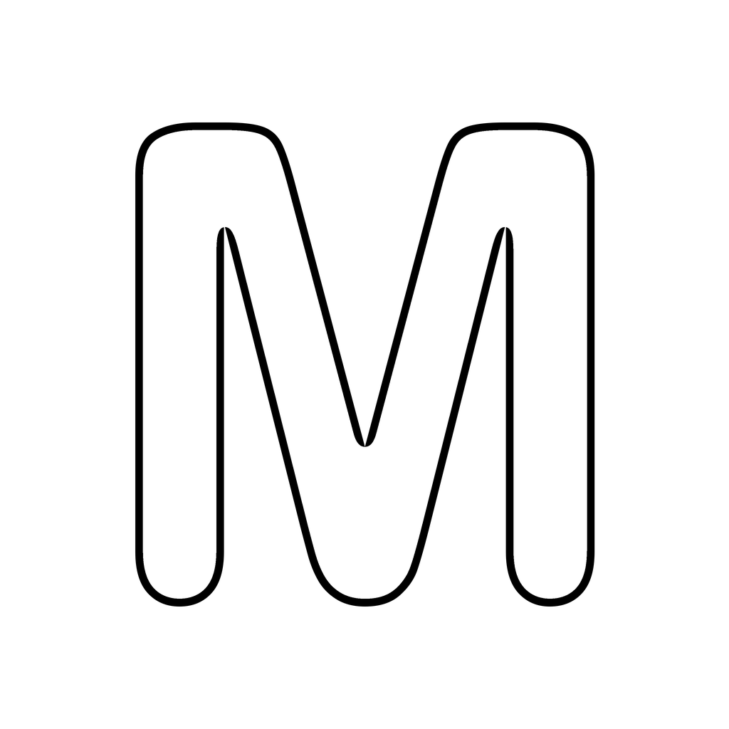A big chunky bubble letter M with a bold rounded outline on white, ready to print and colour