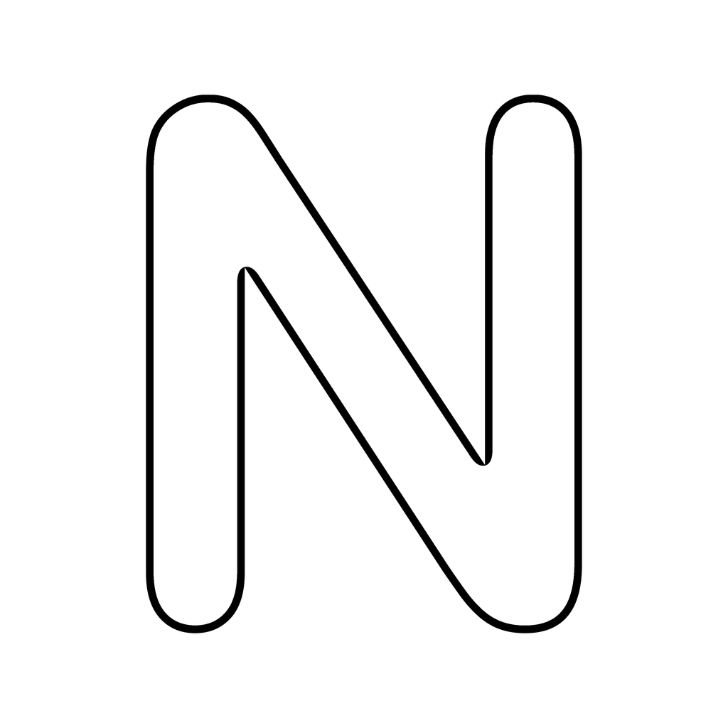 A big chunky bubble letter N with a bold rounded outline on white, ready to print and colour