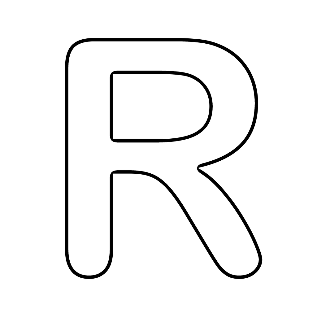 A big chunky bubble letter R with a bold rounded outline on white, ready to print and colour