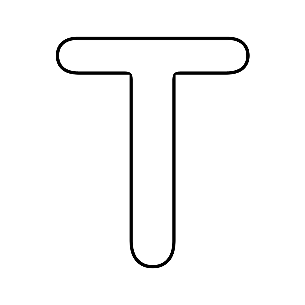 A big chunky bubble letter T with a bold rounded outline on white, ready to print and colour