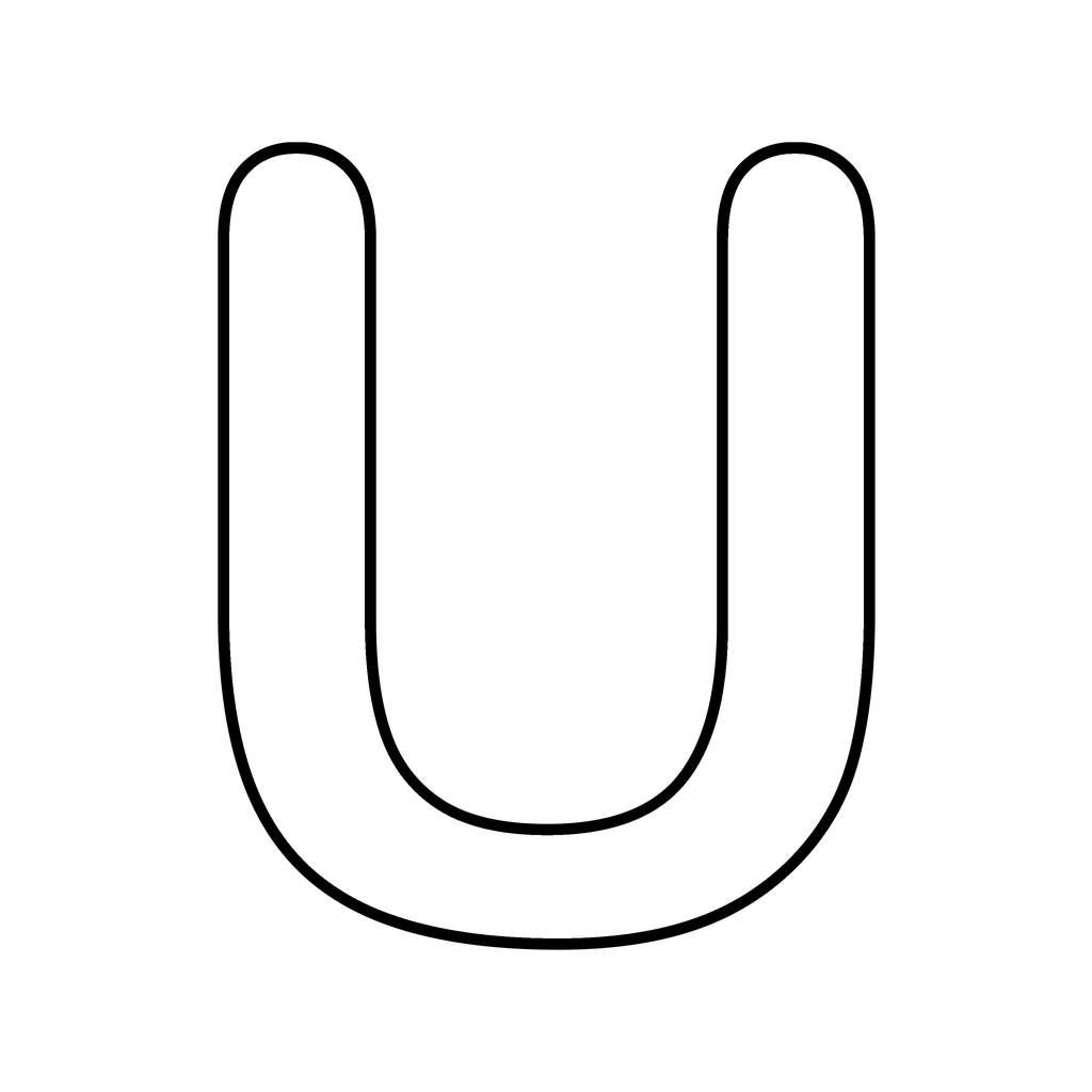 A big chunky bubble letter U with a bold rounded outline on white, ready to print and colour