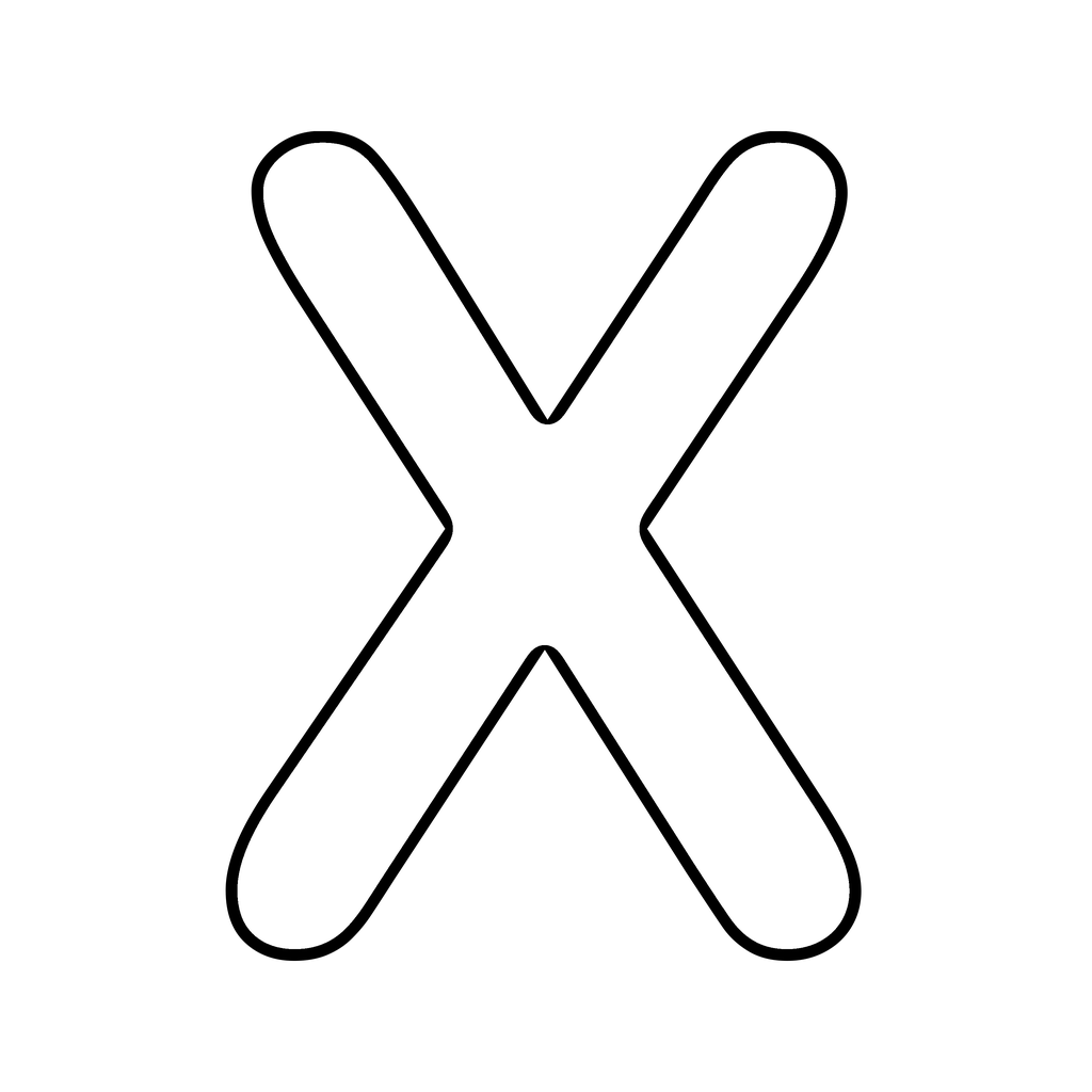 A big chunky bubble letter X with a bold rounded outline on white, ready to print and colour