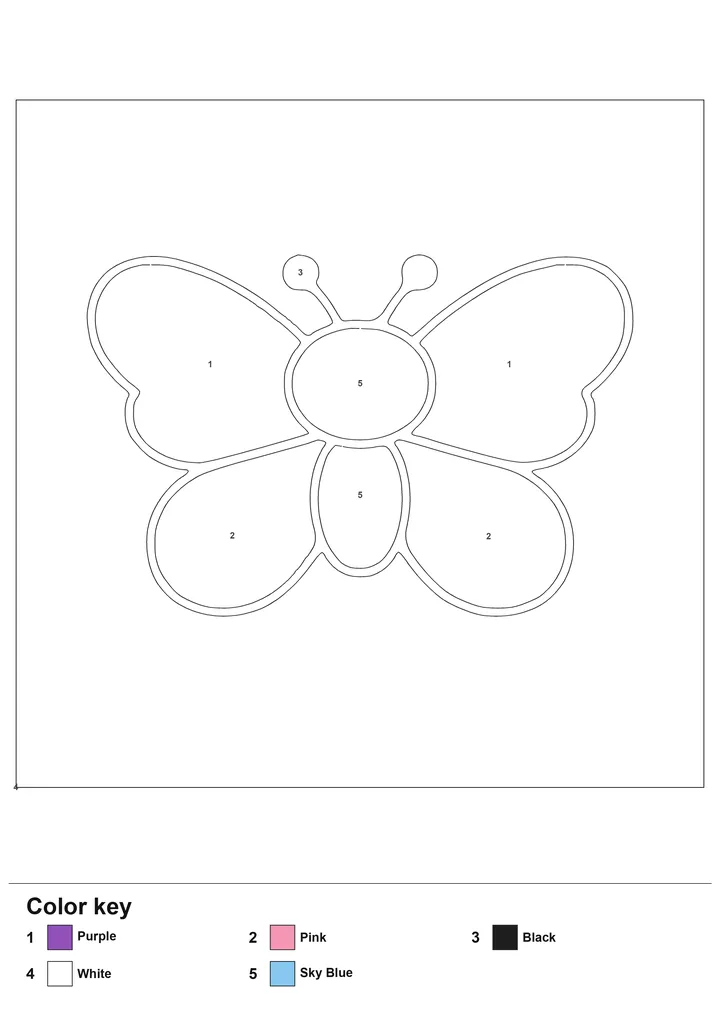 Color-by-number worksheet of a butterfly with numbered regions and a labelled color key