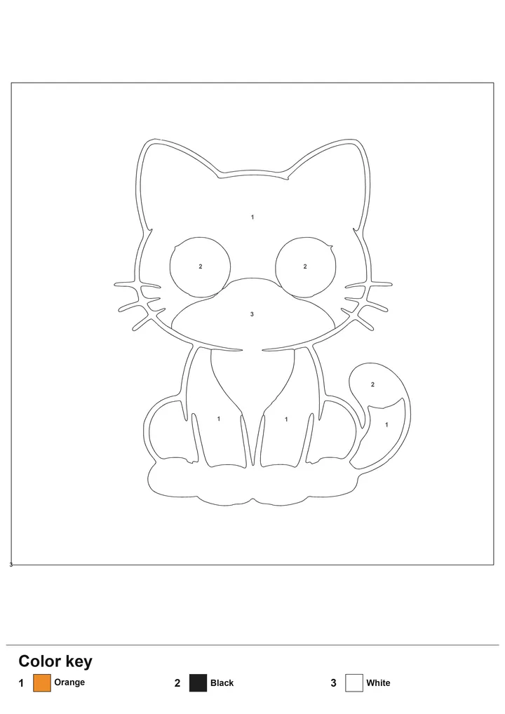 Color-by-number worksheet of a cute cat with numbered regions and a labelled color key