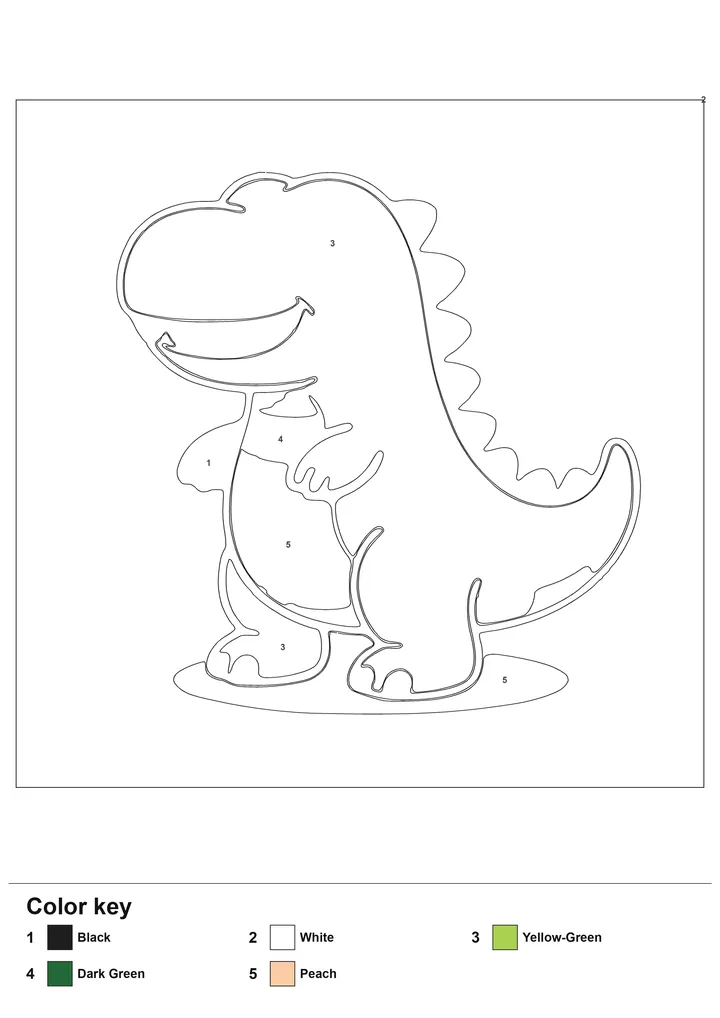 Color-by-number worksheet of a dinosaur with numbered regions and a labelled color key