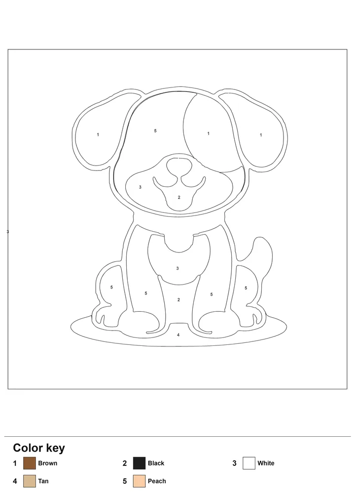 Color-by-number worksheet of a dog with numbered regions and a labelled color key