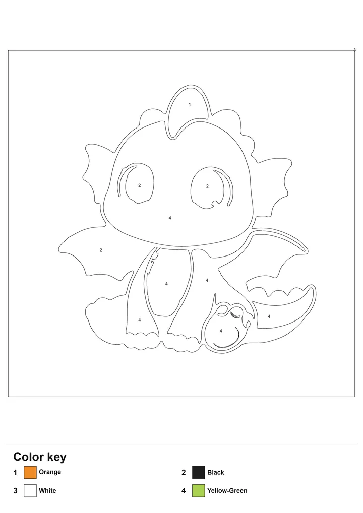 Color-by-number worksheet of a dragon with numbered regions and a labelled color key
