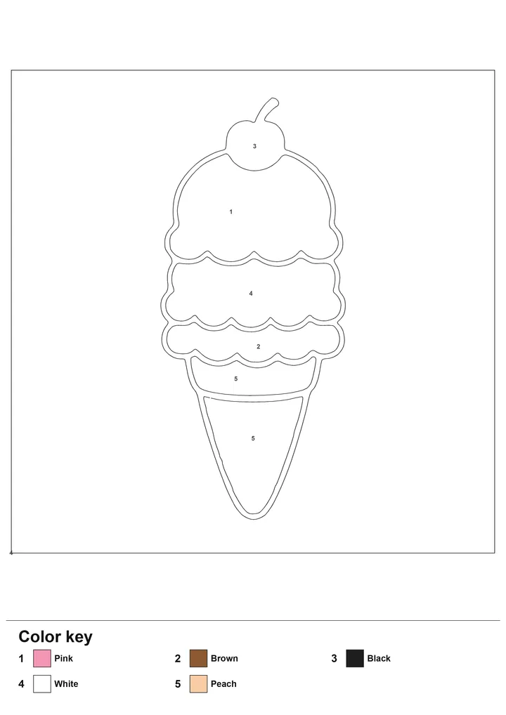 Color-by-number worksheet of an ice cream cone with numbered regions and a labelled color key