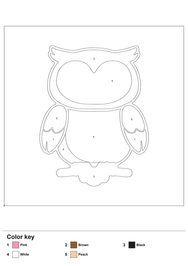 Color-by-number worksheet of an owl with numbered regions and a labelled color key