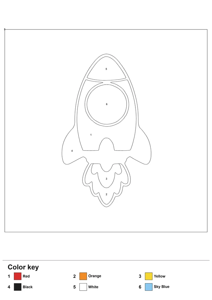 Color-by-number worksheet of a rocket ship with numbered regions and a labelled color key
