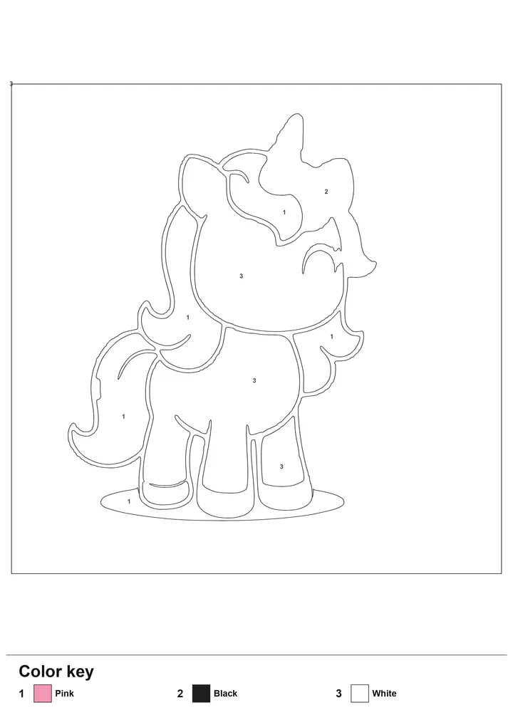 Color-by-number worksheet of a unicorn with numbered regions and a labelled color key