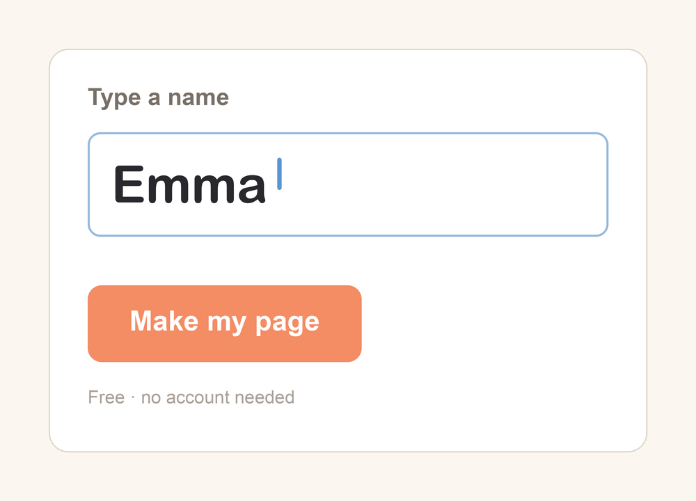 A text field with the name Emma typed in and a Make my page button