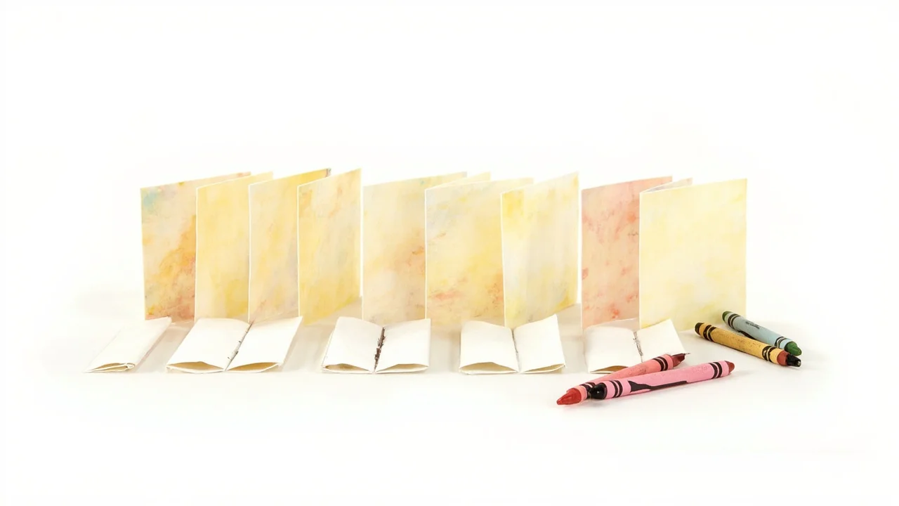 A long row of little folded coloring booklets fanned across a classroom-party table with crayons