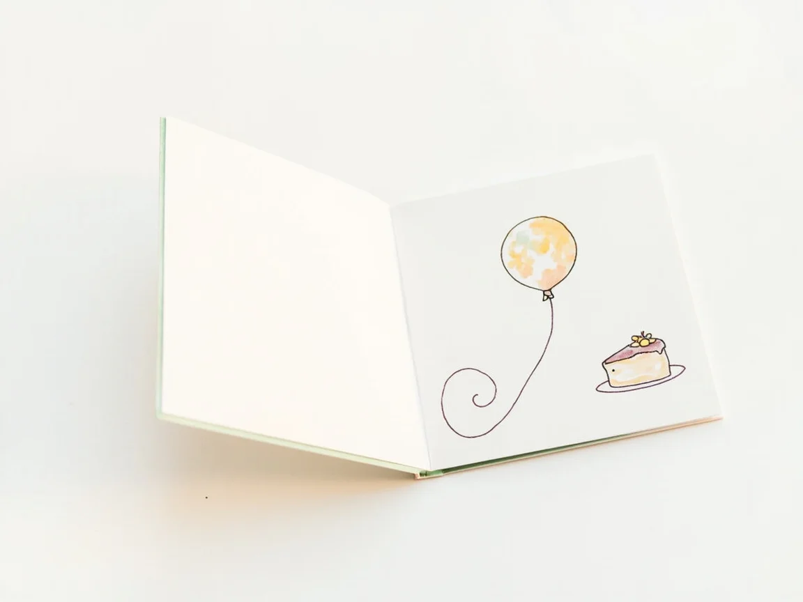 An open folded coloring booklet showing two inside pages with a balloon and a slice of cake