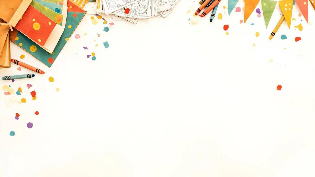 A warm flat-lay of a kids birthday party table — a fanned stack of little folded coloring booklets, printed coloring pages, a colorful invitation card, a paper banner and scattered crayons and confetti