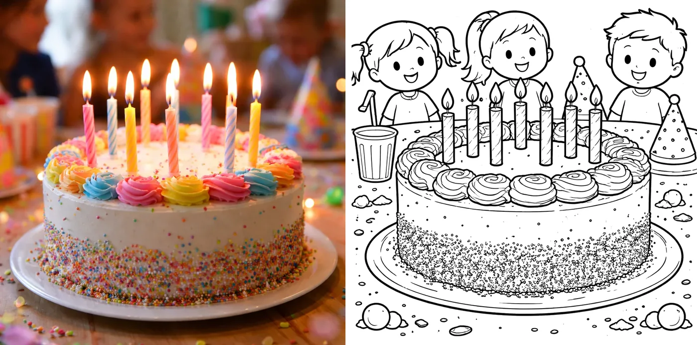 A birthday cake with lit candles on the left and the same cake turned into a clean black-and-white coloring page on the right